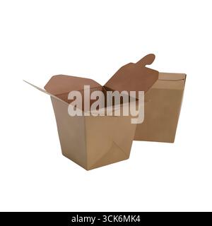 Zwei offene braune Take-Out-Boxen, die in der Regel für die Verpackung und Lieferung von Lebensmitteln verwendet werden. Stockfoto