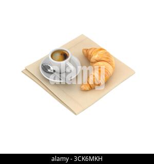 Eine gemütliche Frühstücksszene mit einer Tasse Kaffee und einem Croissant auf einer Serviette, perfekt für einen gemütlichen Morgen. Stockfoto