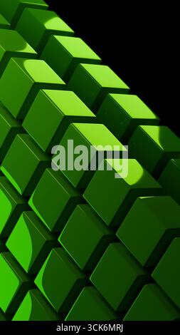 Detailreiches 3D-Rendering grüner geometrischer Würfel, die perspektivisch gestapelt und dramatisch beleuchtet sind, um eine abstrakte digitale Struktur zu bilden, die sich ideal für das Design eignet Stockfoto
