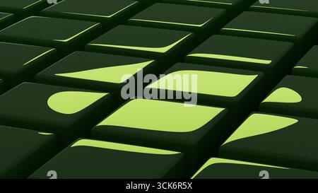 Abstrakte Darstellung grüner Würfel mit leuchtend gelb beleuchteten Formen, die in das Raster integriert sind und futuristische oder technologische Oberflächen symbolisieren. Stockfoto