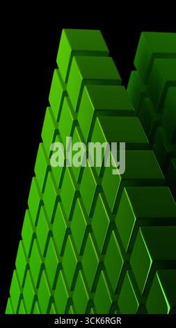 Moderne 3D-Perspektive mit einer hohen vertikalen Wand aus grünen Würfeln, beleuchtet mit Tiefe und reflektierenden Akzenten, die ein digitales abstraktes Komposit schaffen Stockfoto