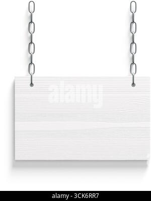 Ein leeres Holzschild, das an Ketten hängt und für individuelle Anpassungen oder Beschilderungen geeignet ist. Stockfoto
