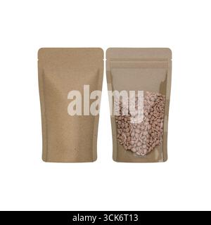 Zwei Verpackungsdesigns für Kaffeebohnen, eines mit einem transparenten Fenster, das die Bohnen im Inneren zeigt. Stockfoto