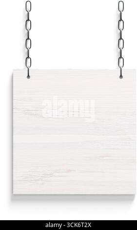 Ein leeres Holzschild, das an Ketten hängt, bereit für individuelle Anpassungen oder Beschilderungen. Stockfoto