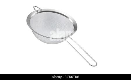 Ein Edelstahlsieb zum Absieben von Flüssigkeiten oder zum Sieben trockener Zutaten beim Kochen und Backen. Stockfoto