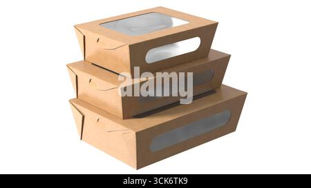 Drei stapelbare Lebensmittelbehälter aus braunem Papier mit transparenten Fenstern für eine einfache Sichtbarkeit des Inhalts. Stockfoto