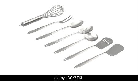 Eine Sammlung von Küchenutensilien, einschließlich Schneebesen, Gabel, Löffel, Schöpfkelle, Löffel mit Schlitzlöffel, und Spachtel, entworfen zum Kochen. Stockfoto