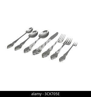 Eine Sammlung von Besteck, einschließlich Löffel, Gabeln und einem Messer, die ordentlich für Esszwecke angeordnet sind. Stockfoto