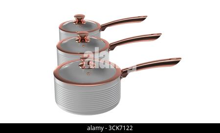 Ein Set aus drei stilvollen Kochtöpfen mit Kupfergriffen und Deckeln für den kulinarischen Einsatz. Stockfoto