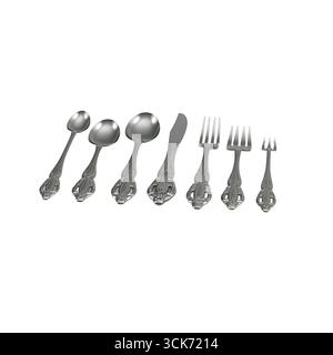 Eine Kollektion von silbernem Besteck, einschließlich Löffel, Gabeln und einem Messer, geeignet zum Essen. Stockfoto