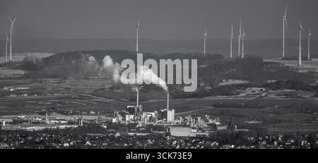 Luftaufnahme, EGGER Holzwerkstoffe Brilon GmbH & Co. KG, Rauchschornsteine und Holzverarbeitungsunternehmen, Fernsicht- und Windturbinen, schwarz-weiß Stockfoto