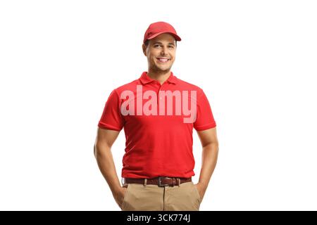 Männlicher Arbeiter in einer Uniform posiert isoliert auf weißem Hintergrund Stockfoto