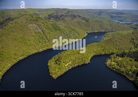 Luftsicht, Rur und Urfttalsperre Urftsee, Ausflugsboot SeenSucht mit Gästen, Waldgebiet Hügel und Täler mit Waldschaden Nordeifel Nat Stockfoto