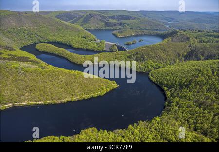 Aus der Vogelperspektive, Rur und Urfttalsperre Urftsee, Fernsicht Waldgebiet Hügel und Täler, Nationalpark Eifel Nordeifel Eifel, Rurberg, Simmerath, Nor Stockfoto