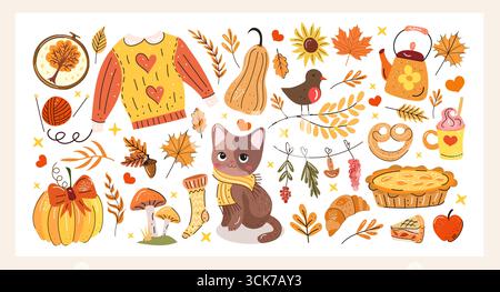 Vektorsatz von Herbstcartoon-Charakteren, Pflanzen und Blättern. Herbstsaison. Kollektion für Design und Autunm Dekoration. Vektor Herbst Set, Blätter Stock Vektor