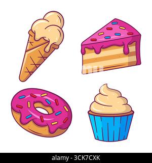 Set mit süßen, leckeren Desserts und Backwaren. Donut, Stück Kuchen, Eis und Cupcake. Isolierte Vektor-Illustration in flachem Cartoon-Stil. Stock Vektor