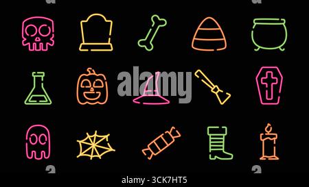 Neon Halloween-Symbol auf schwarzem Hintergrund mit saisonalen Objekten und Elementen wie Kürbis, Geist, Kessel, Grabstein und mehr. Stock Vektor