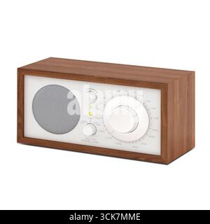 Ein Holzradio im Vintage-Stil mit Knöpfen und einem Lautsprecher, das für Musik und Nachrichten entwickelt wurde. Stockfoto