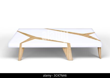 Ein moderner Couchtisch mit eleganter weißer Oberfläche und Holzakzenten für ein modernes Interieur. Stockfoto