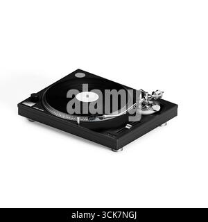 Ein klassischer Plattenspieler mit Schallplatte, entwickelt für die Musikwiedergabe und das Hörerlebnis. Stockfoto
