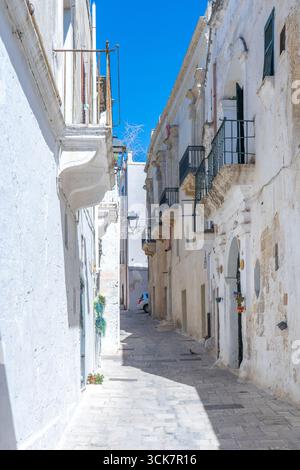 Ein Bild von Gebäuden zwischen Steingassen und mediterranen Balkonen im historischen Zentrum unter blauem Himmel, Süditalien. Grottaglie (Apulien, Italien) Stockfoto