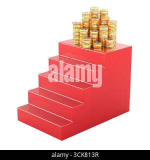 Finanzielle Erfolgsschritte, Konzept. Rote Podesttreppe mit Goldmünzen. 3D-Rendering isoliert auf weißem Hintergrund Stockfoto