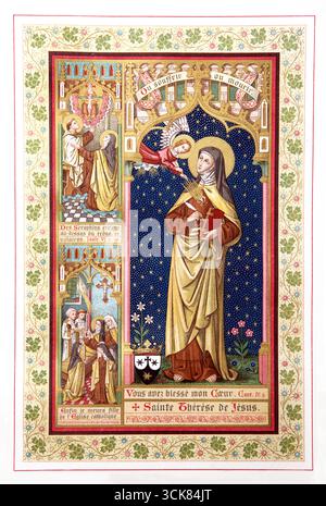 Illustration der heiligen Teresa von Avila Transverberation dargestellt als Engel, der ihr Herz mit einem feurigen Pfeil aus einer Ausgabe von Le crucifix S aus dem Jahr 1902 durchstochen hat Stockfoto