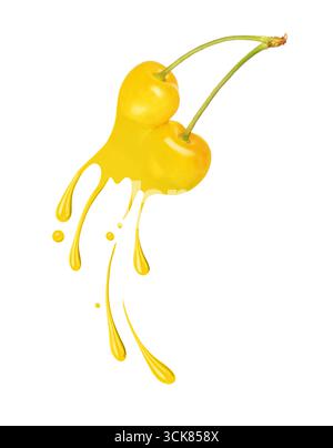 Gelbe Kirschen mit Spritzern und Farbtropfen, isoliert auf weißem Hintergrund Stockfoto