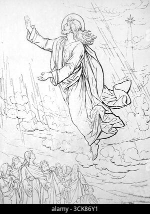 Illustration der Himmelfahrt Jesu Christi (Lukas) aus dem Kinderbuch des 20. Jahrhunderts das ABC der Bibelbilder Stockfoto