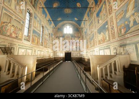 Innenansicht der Scrovegni-Kapelle in Padua, Italien, mit Giottos Fresken aus dem 14. Jahrhundert, die Szenen aus dem Leben der Jungfrau maria darstellen Stockfoto