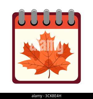 Herbstkalender-Symbol mit Ahornblatt. Vektorabbildung. Eine Kalenderseite mit einem leuchtend orangefarbenen Ahornblatt, das die Herbstsaison symbolisiert. Stock Vektor
