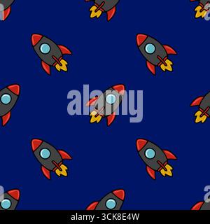 Nahtloses Vektormuster mit verspielten Cartoon-Raketen, die vor tiefblauem Hintergrund hochragen, ideal für Textildrucke für Kinder oder lebendige Weltraummotive Stock Vektor