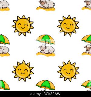 Fröhliches nahtloses Vektor-Muster mit niedlichen Karikaturschafen unter Regenschirmen, glücklichen Sonnen und gelbem Sand, perfekt für Sommer-Motive. Stock Vektor
