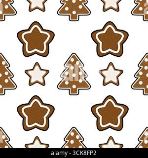 Nahtloses Vektormuster mit bezaubernden Lebkuchenkeksen in Form von Sternen und Weihnachtsbäumen, dekoriert mit weißer Glasur und Punkten, die eine fe schaffen Stock Vektor