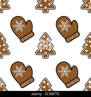 Nahtloses Vektormuster mit bezaubernden Lebkuchenhandschuhen und Weihnachtsbäumen, perfekt für festliche Winterdesigns und Winterferien, die PA wickeln Stock Vektor