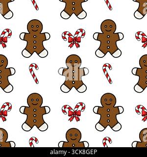 Nahtloses Vektormuster mit charmanten Lebkuchenmännern und Bonbonbons, mit einem strukturierten braunen Lebkuchendesign und gebundenen Bonbonbons mit roter Schleife Stock Vektor