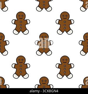 Nahtloses Vektormuster von fröhlichen Lebkuchen Männer Kekse mit strukturierten braunen Körpern und weißen Glasur Details, perfekt für festliche Winter Designs. Stock Vektor