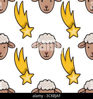 Nahtloses Vektormuster mit entzückenden Cartoon-Schafgesichtern und goldenen Sternschnuppen, perfekt für festliche Hintergründe oder Kindermotive. Stock Vektor