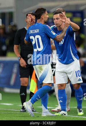 Bergamo, Italien, 5. September 2025. Mattia Zaccagni aus Italien ersetzt Giacomo Raspadori während des Qualifikationsspiels Italien gegen Estland im Stadio di Bergamo in Bergamo. Der Bildnachweis sollte lauten: Jonathan Moscrop / Sportimage Stockfoto
