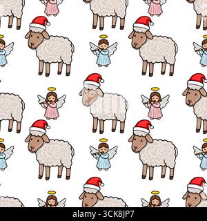 Nahtloses Vektormuster mit entzückenden Zeichentrickschafen, die Weihnachtsmützen und Engel, die Flöten spielen, tragen, wodurch eine bezaubernde Weihnachtskrippe il entsteht Stock Vektor