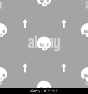 Gedämpfte graue Leinwand mit weißen Schädeln und Kreuzen, verstreut in einem düsteren Muster Stock Vektor