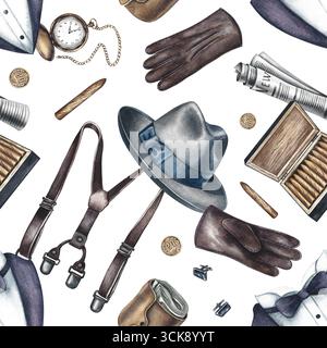 Nahtloses Herrenmuster mit Herrenaccessoires. Handgezeichnete Aquarellillustration. Perfekt für Textilien, Geschenkpapier, Verpackungen, Urlaubsdekor Stockfoto