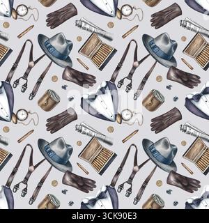 Nahtloses Herrenmuster mit Herrenaccessoires. Handgezeichnete Aquarellillustration. Perfekt für Textilien, Geschenkpapier, Verpackungen, Urlaubsdekor Stockfoto