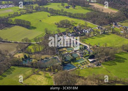 Vogelperspektive, Angelteiche Forellenfarm & Angelparadies Schoel, Lichtenhagen, umgeben von Wiesen und Feldern, Schermbeck, Nordrhein-Westfalen, G Stockfoto