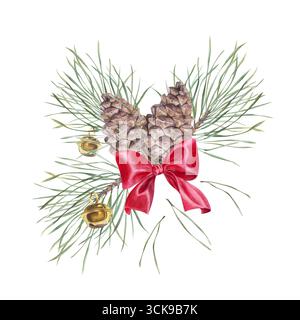Neujahrszusammensetzung eines Fichtenzweiges mit Kiefernkegel, Neujahrsglocke und rotem Bogen. Aquarellzeichnung für Grußkarten und Einladungen. Stockfoto