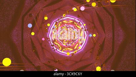 Eine lebendige Spiralstruktur bietet eine Reihe von leuchtenden Kugeln und Linien. Dieses dynamische Muster sorgt für ein fesselndes visuelles Erlebnis, das die Zuschauer anspricht Stockfoto