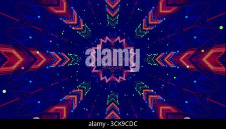 Dieses Kunstwerk verfügt über ein faszinierendes abstraktes Muster voller lebendiger Farben und komplizierter Designs. Punkte und Linien strahlen aus der Mitte, Kreatin Stockfoto