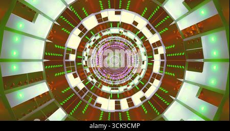 Ein dynamisches Spiraldesign mit konzentrischen Kreisen, die mit grünen Lichtern und farbenfrohen Mustern gefüllt sind, sorgt für ein immersives visuelles Erlebnis in einem ener Stockfoto