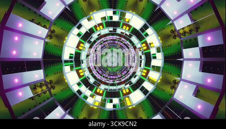 Die Grafik zeigt einen lebendigen, spiralförmigen geometrischen Tunnel mit verschiedenen Farben und Formen, die ein hypnotisches und immersives Erlebnis schaffen. Hell Stockfoto