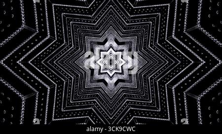 Ein detailliertes Sternmuster in Schwarz- und Weißtönen zeigt geometrische Formen. Das Design besteht aus sich wiederholenden Linien und Punkten, die zeichnen Stockfoto